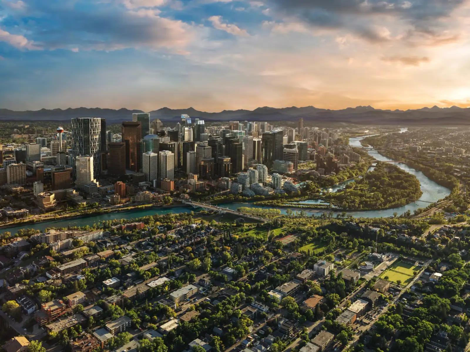 Calgary skyline and Bow River at sunset