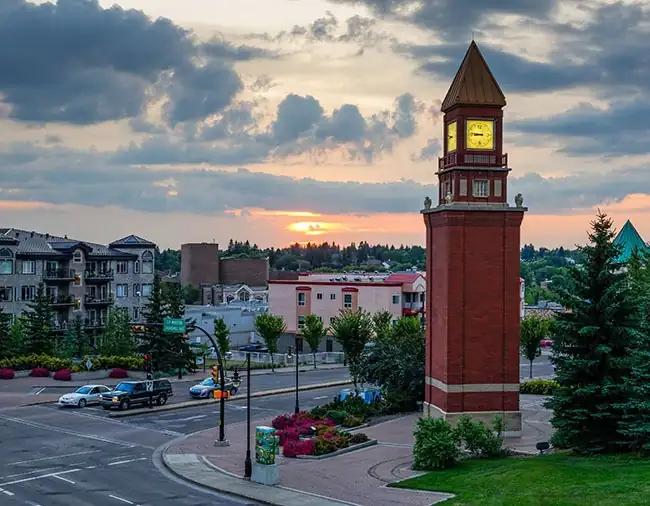 St. Albert clock tower and downtown view at sunset